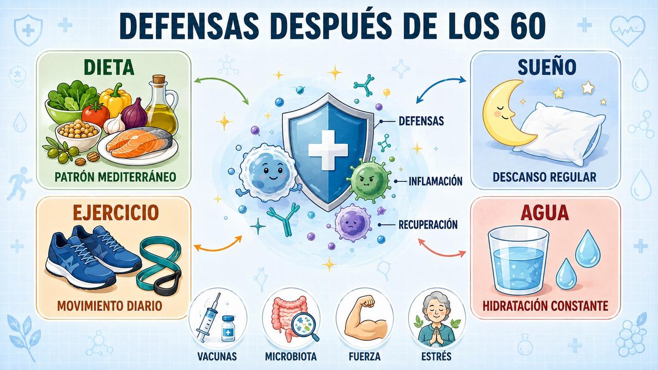 La infografía resume dieta, sueño, ejercicio e hidratación para reforzar defensas.