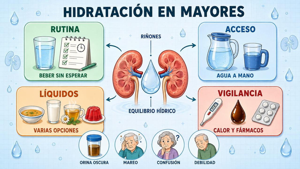 Rutina, acceso, líquidos y vigilancia ayudan a prevenir la deshidratación.