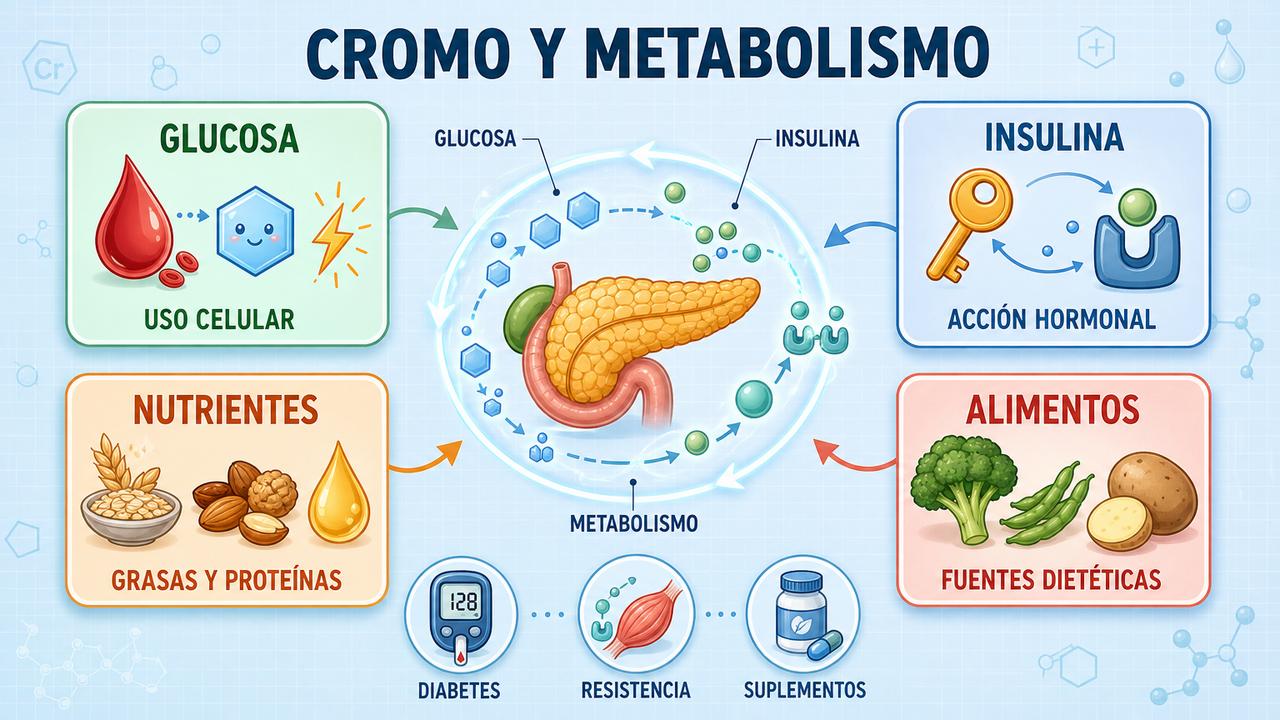 Glucosa, insulina, nutrientes y alimentos clave resumen el papel del cromo.