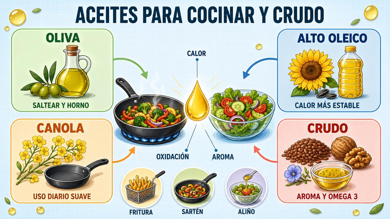 Oliva, alto oleico, canola y crudo según calor, oxidación y aroma.