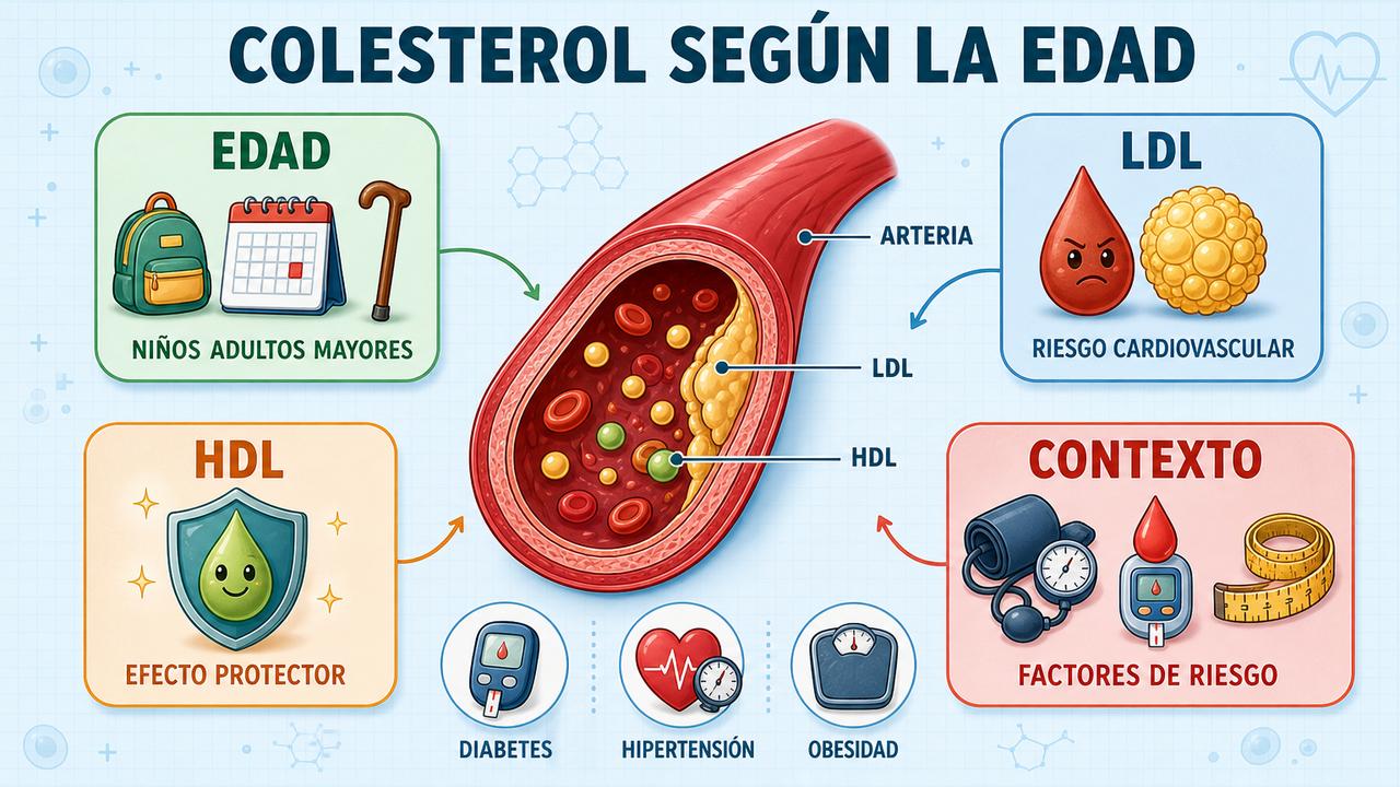 Edad, LDL, HDL y contexto clínico orientan la lectura del perfil lipídico.