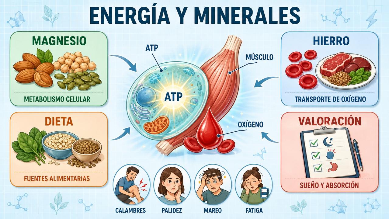 Magnesio, hierro, dieta y valoración clínica orientan la energía diaria.