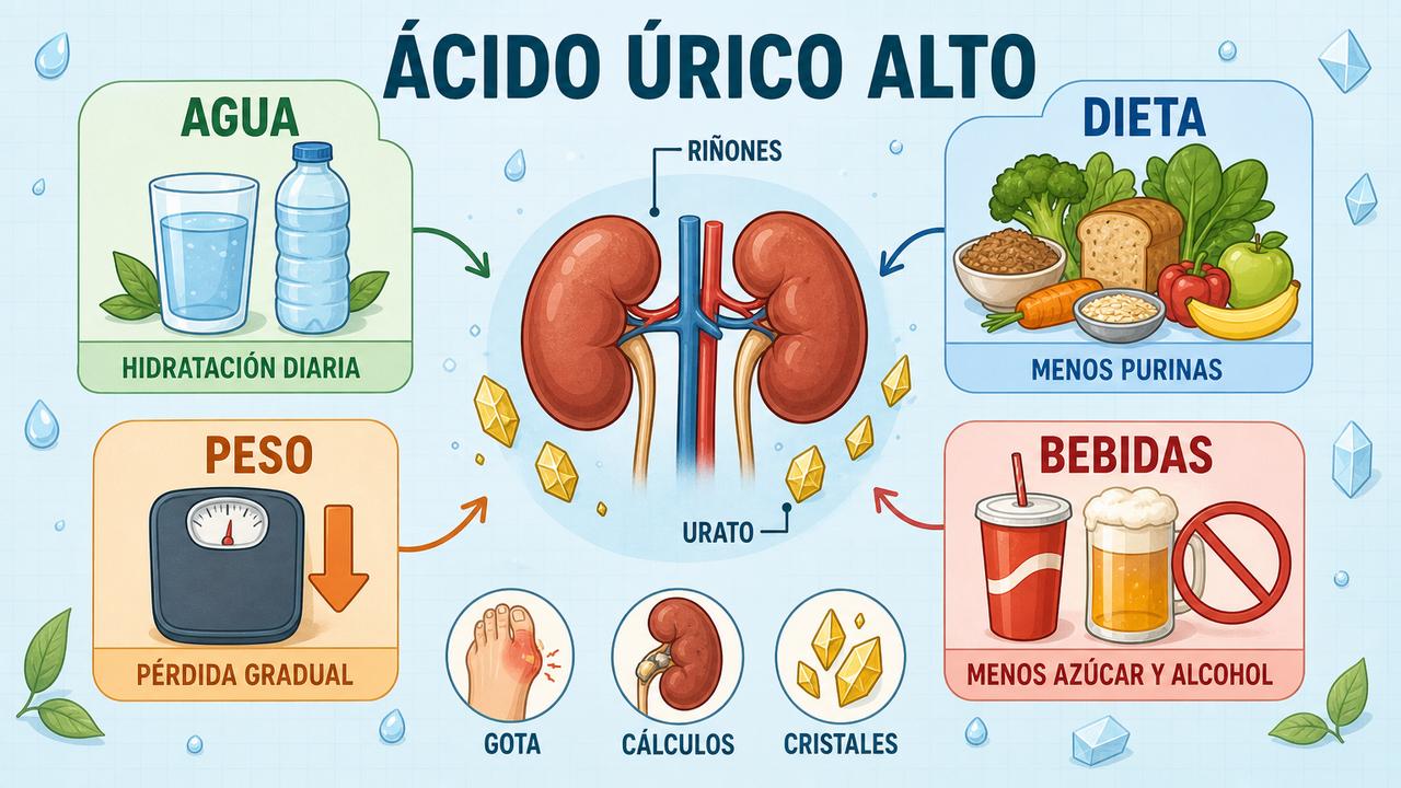 Agua, dieta, peso y bebidas marcan el control natural del urato.