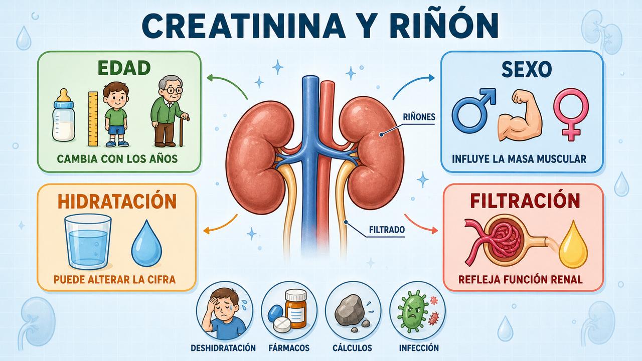 Edad, sexo, hidratación y filtración renal orientan la interpretación de la creatinina.