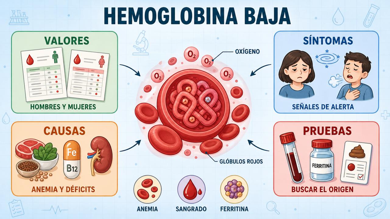 Valores, síntomas, causas y pruebas clave para entender la hemoglobina baja.