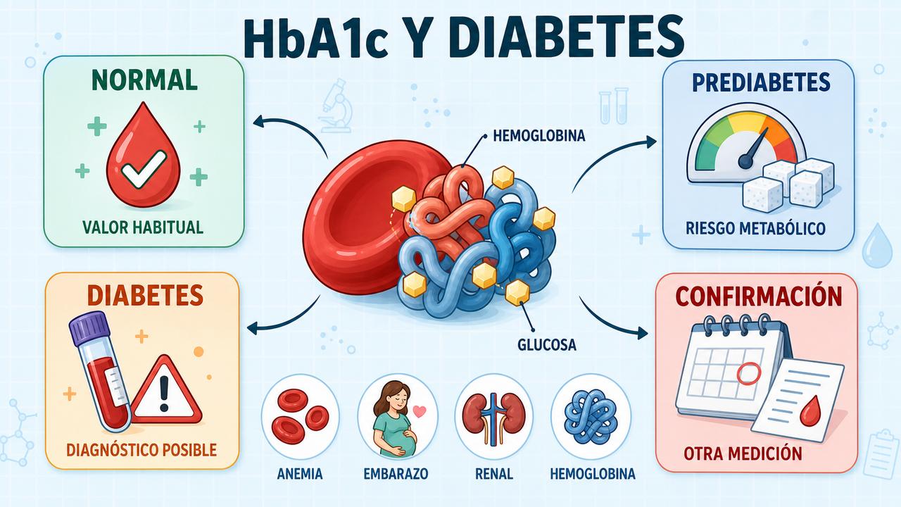 Infografía sobre HbA1c, rangos clínicos, confirmación diagnóstica y factores que alteran.