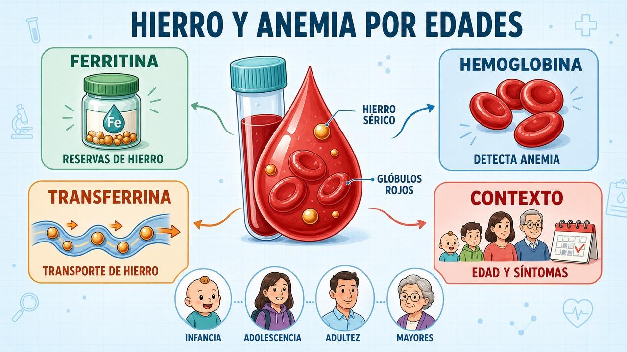 Ferritina, hemoglobina, transferrina y contexto orientan mejor el diagnóstico de anemia.