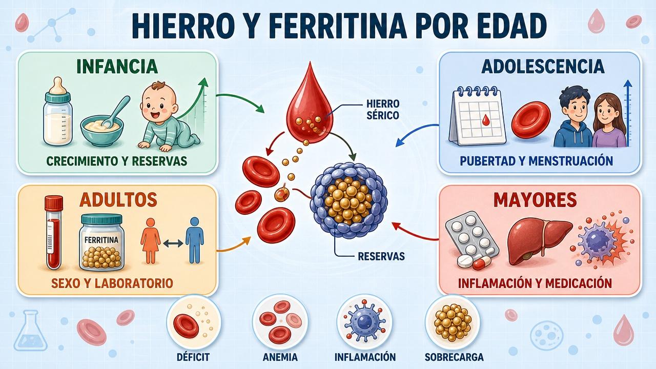 Infografía sobre etapas vitales, reservas de hierro y factores que alteran la ferritina.