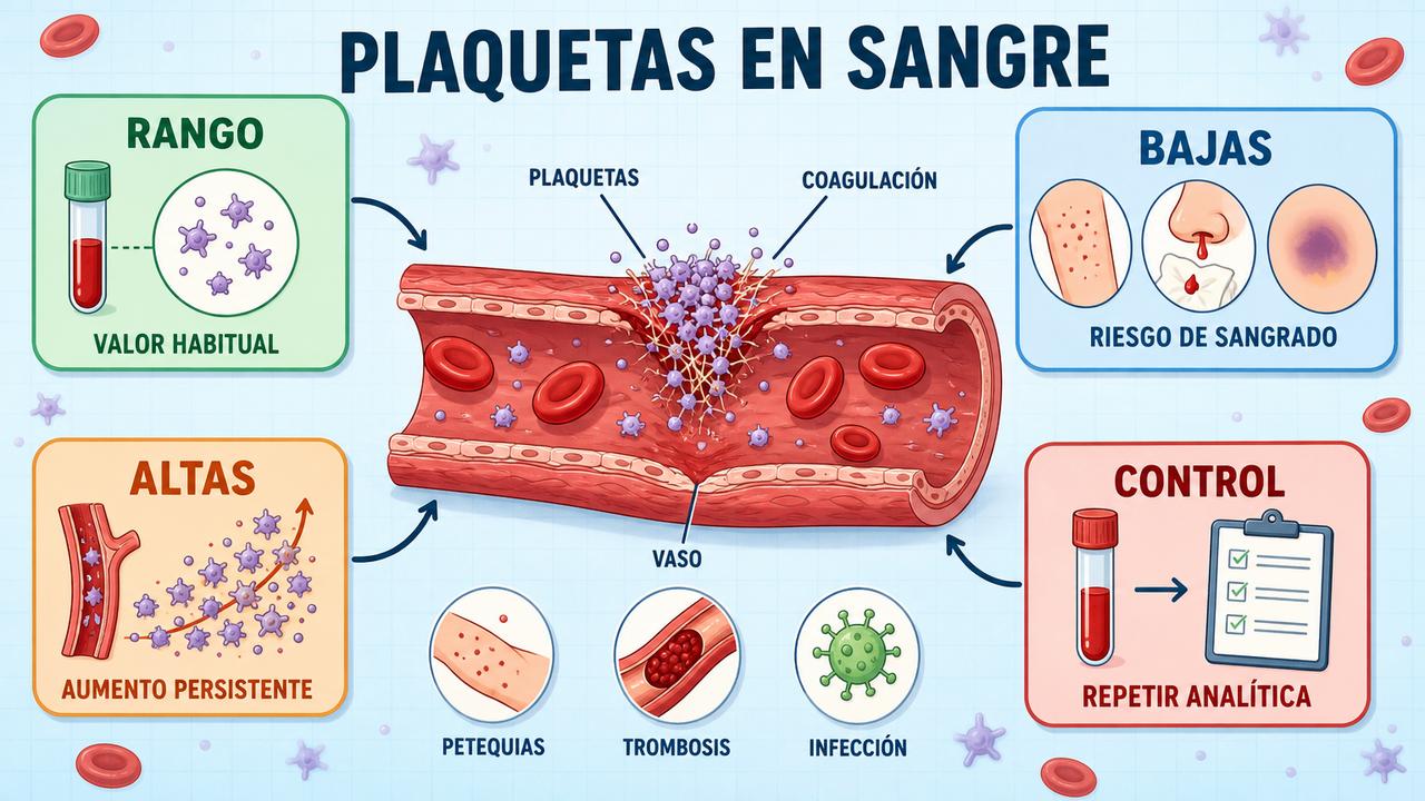 Rango normal, plaquetas bajas, altas y control del hemograma resumidos.