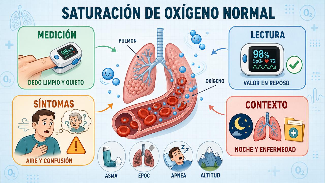 Medición, lectura, síntomas y contexto guían la interpretación de la saturación.