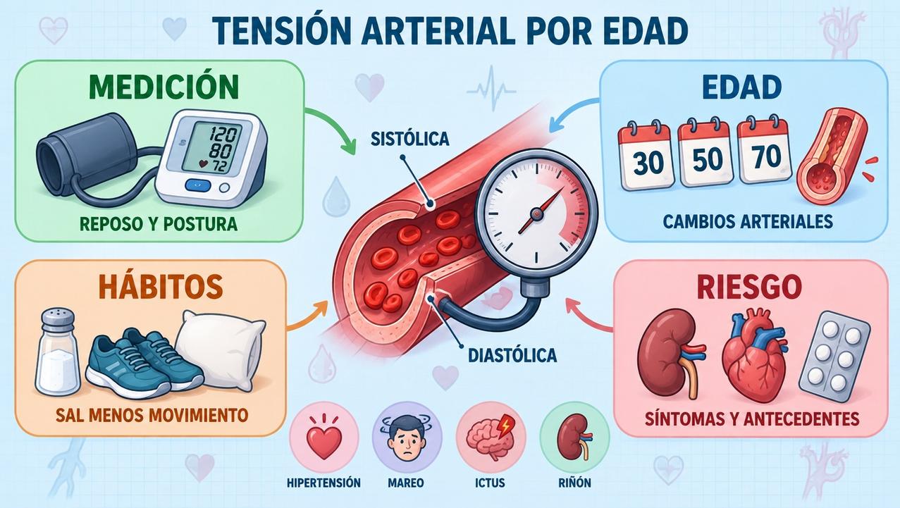Edad, medición, hábitos y riesgo cardiovascular orientan la interpretación de la tensión.