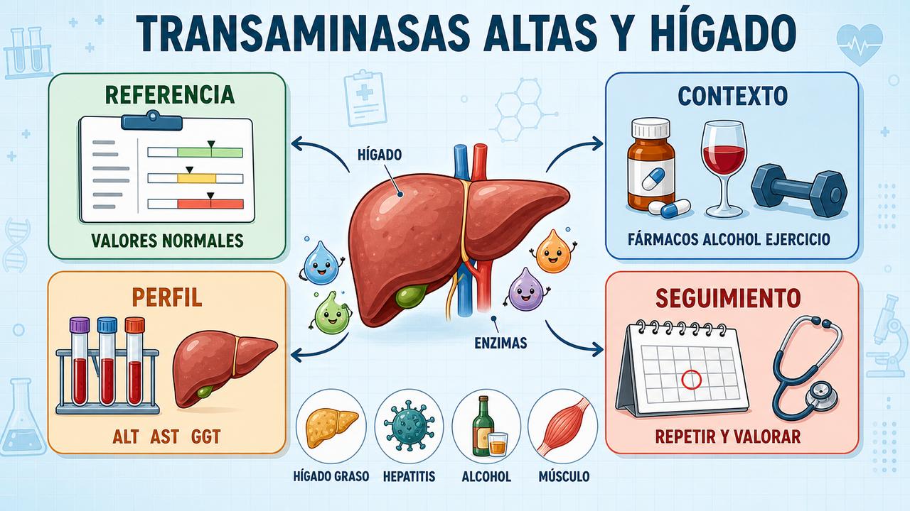 Valores, contexto, perfil hepático y seguimiento orientan la lectura de transaminasas altas.