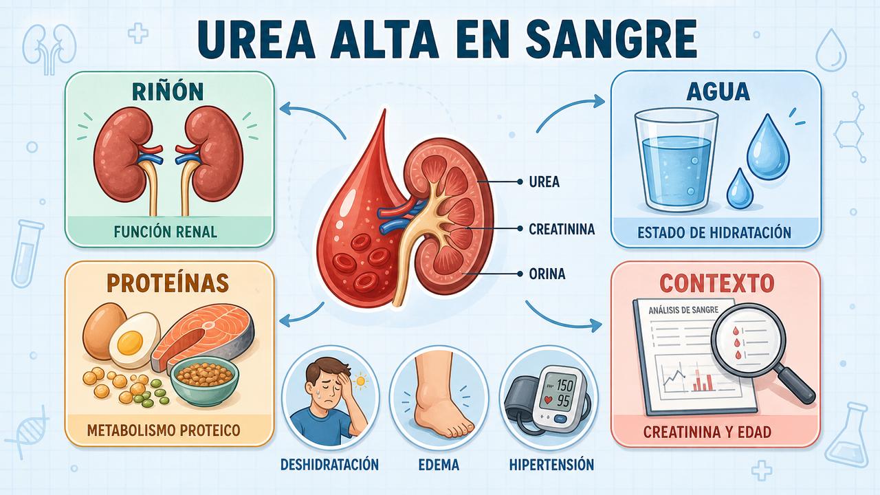 Riñón, hidratación, proteínas y contexto clínico orientan la interpretación de la urea.
