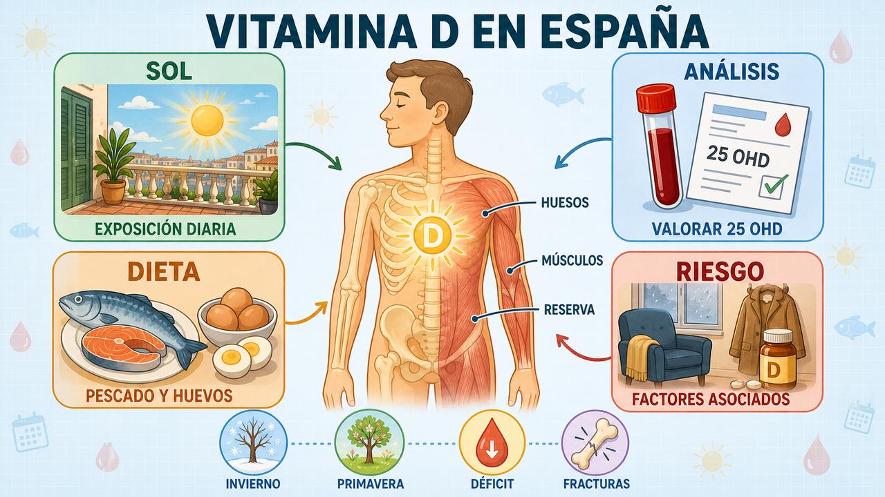 Sol, análisis, dieta y factores de riesgo condicionan los niveles de vitamina D.