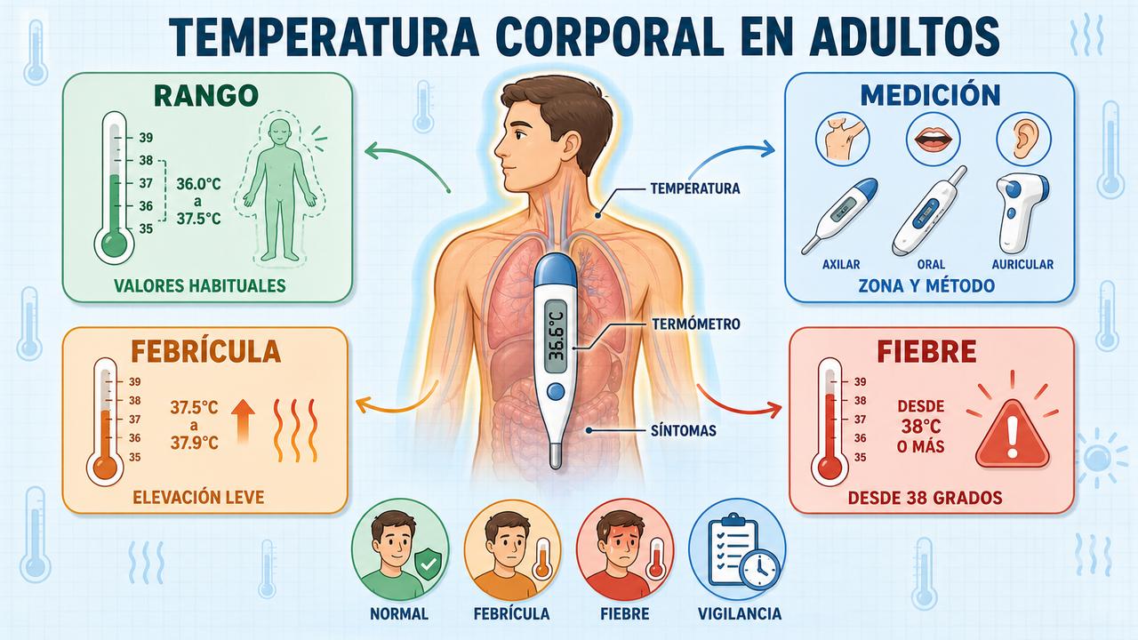 Rango normal, método de medición, febrícula y fiebre orientan la interpretación diaria.