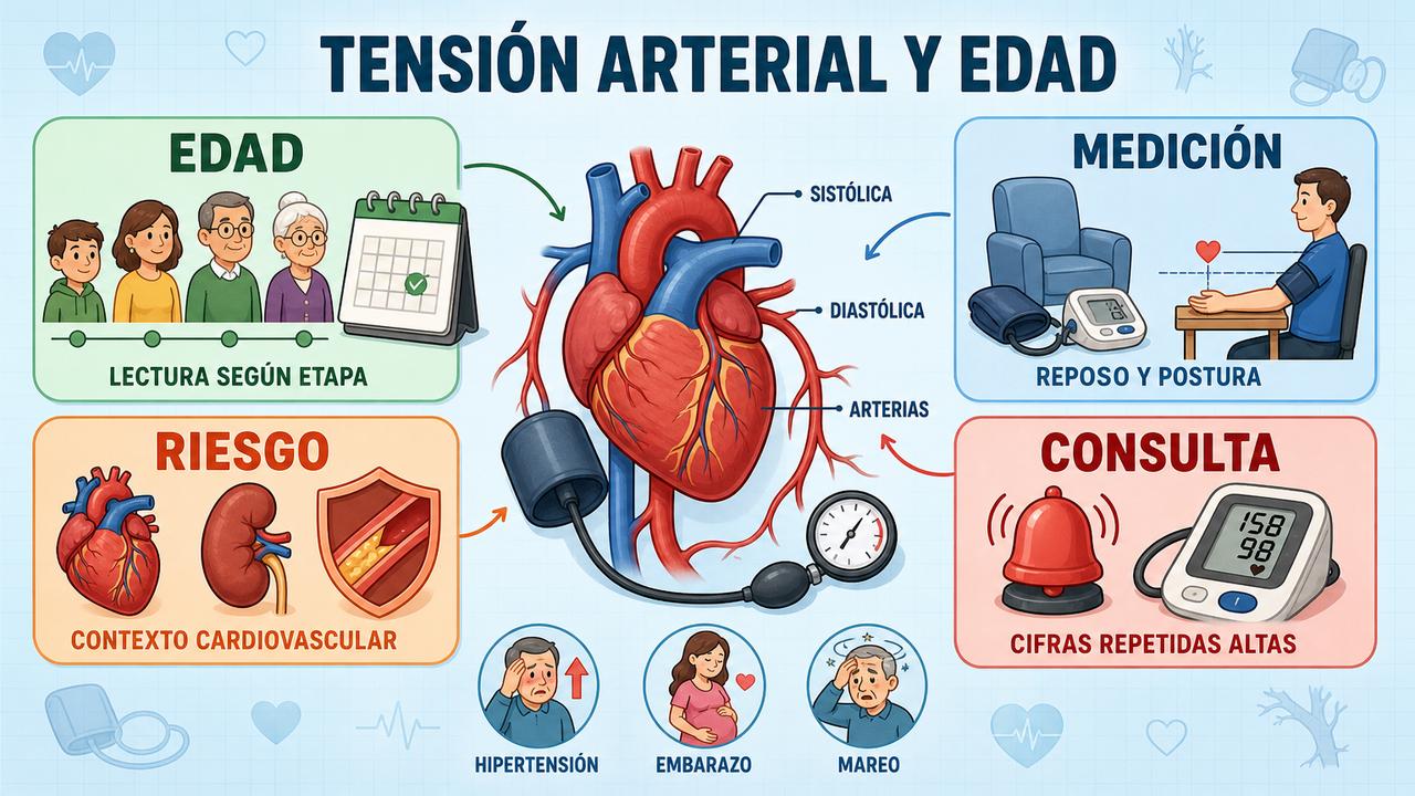 Edad, medición, riesgo y consulta orientan la interpretación de la tensión arterial.