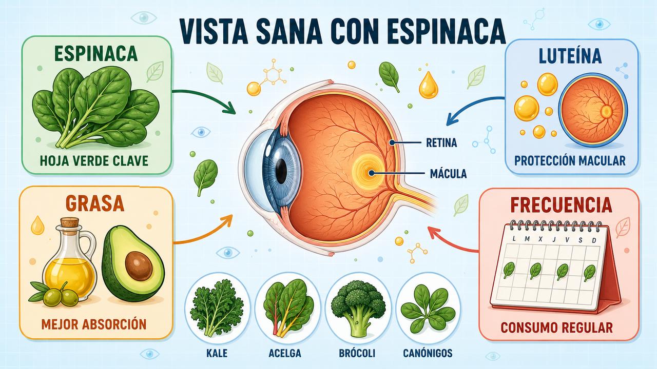 Espinaca, luteína, grasas saludables y frecuencia semanal para proteger la vista.