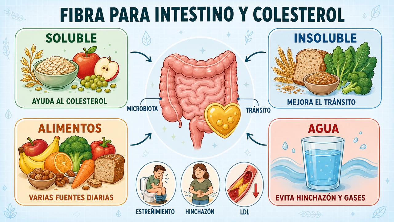 Fibra soluble, insoluble, alimentos variados y agua como pilares clave.