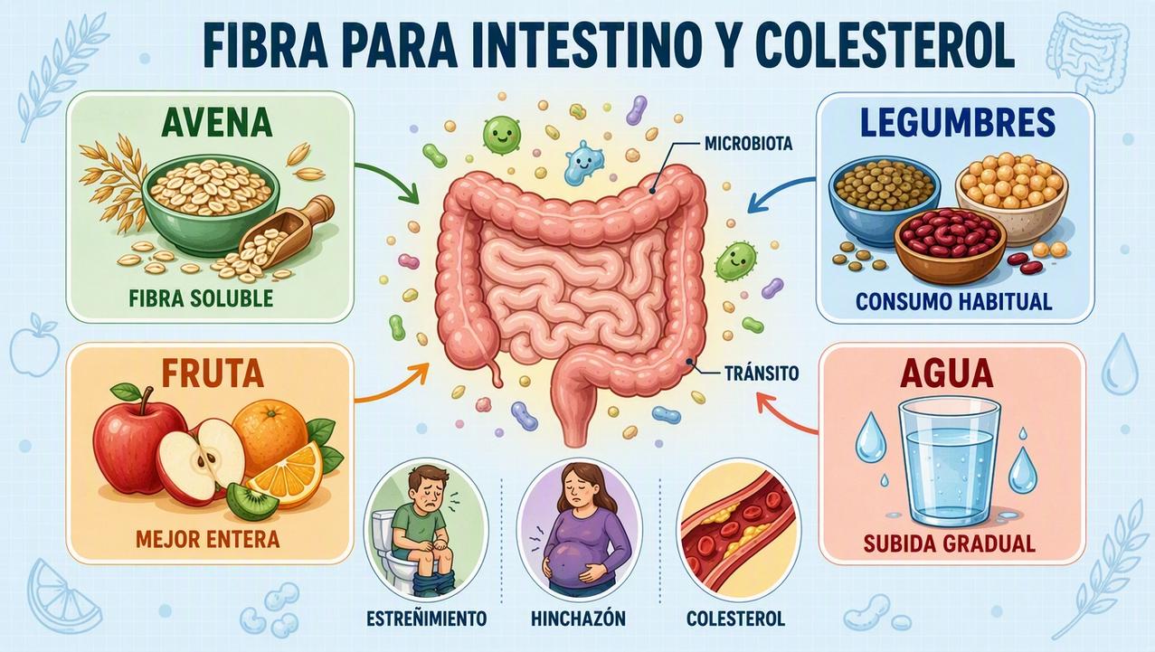 Avena, legumbres, fruta y agua sostienen el tránsito y el colesterol.