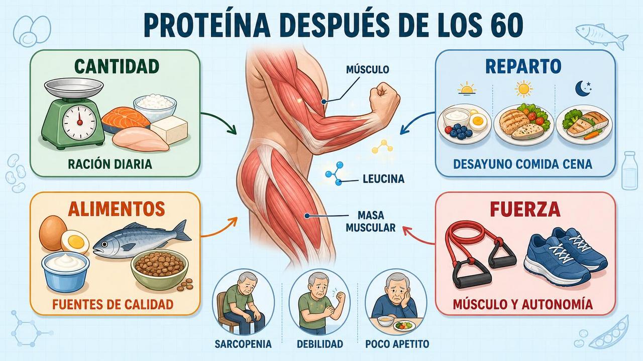Cantidad, reparto, alimentos y fuerza sostienen la masa muscular en mayores.