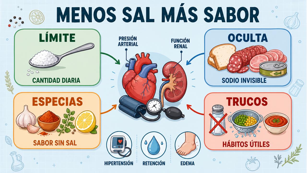 Límite diario, sodio oculto, especias y trucos para comer con menos sal.