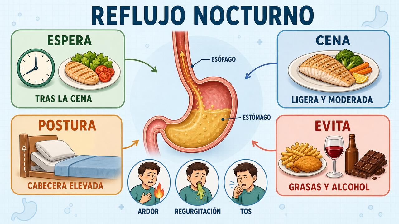 Espera, cena ligera, postura y evitar desencadenantes ayudan frente al reflujo.