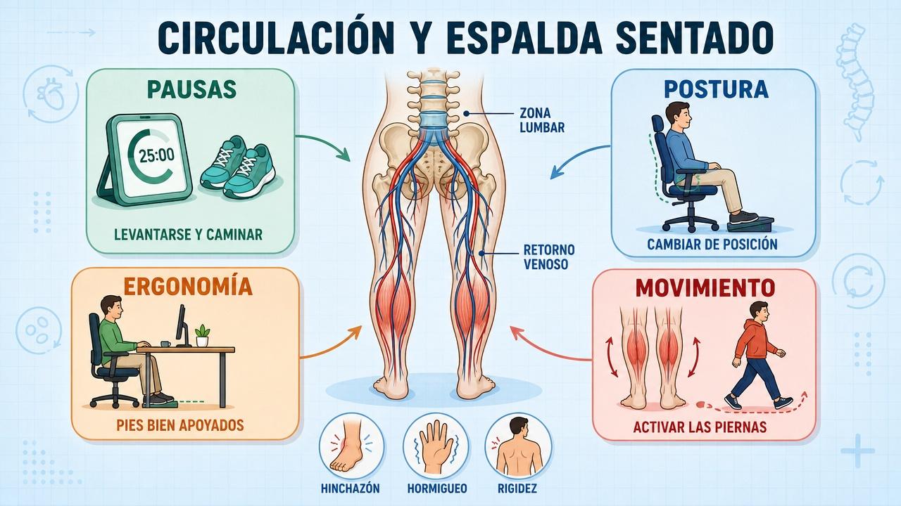 Pausas, postura, ergonomía y movimiento para reducir rigidez e hinchazón.