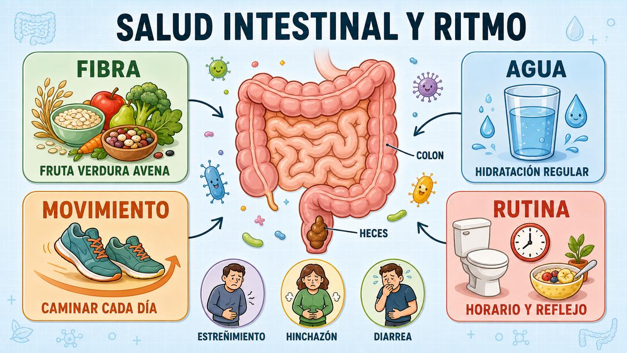 Fibra, agua, movimiento y rutina sostienen un tránsito intestinal más regular.