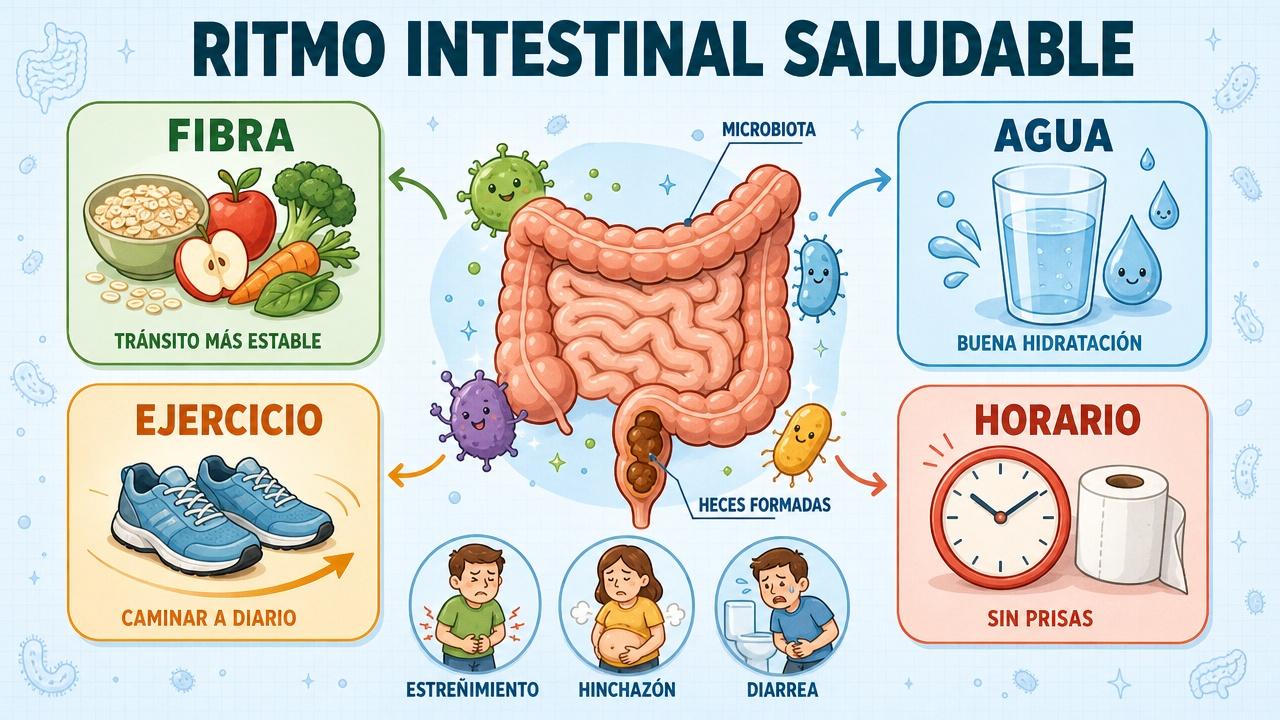Fibra, agua, ejercicio y horario favorecen un tránsito intestinal más estable.