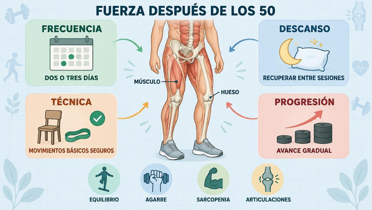 Frecuencia, descanso, técnica y progresión sostienen un entrenamiento de fuerza seguro.