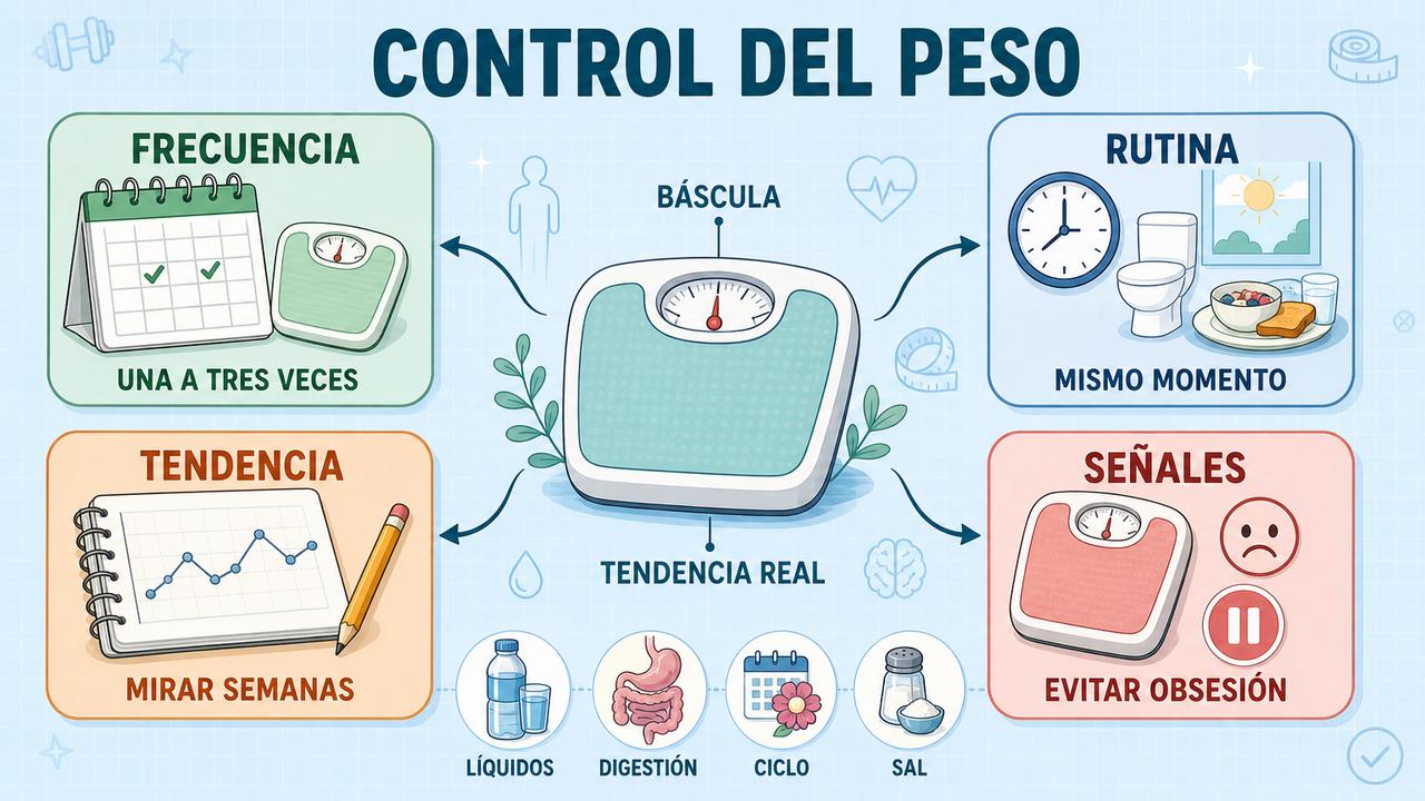 Frecuencia, rutina, tendencia y señales emocionales para un pesaje saludable.
