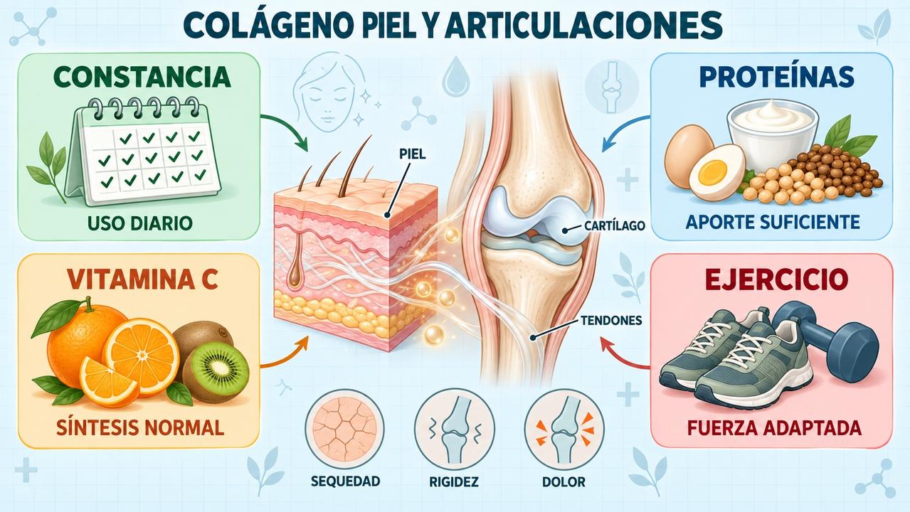 Constancia, proteínas, vitamina C y ejercicio influyen en la respuesta al colágeno.
