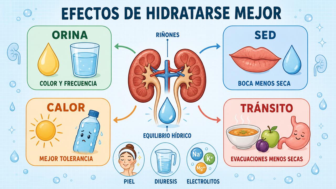 Orina, sed, calor y tránsito reflejan los primeros cambios al hidratarse.