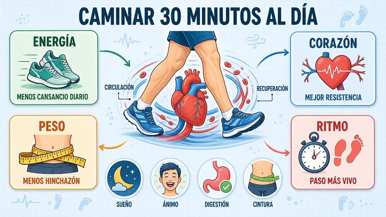 Energía, corazón, peso y ritmo resumen los efectos clave de caminar.