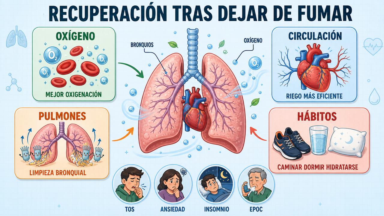 Oxígeno, circulación, pulmones y hábitos sostienen la recuperación tras abandonar el tabaco.