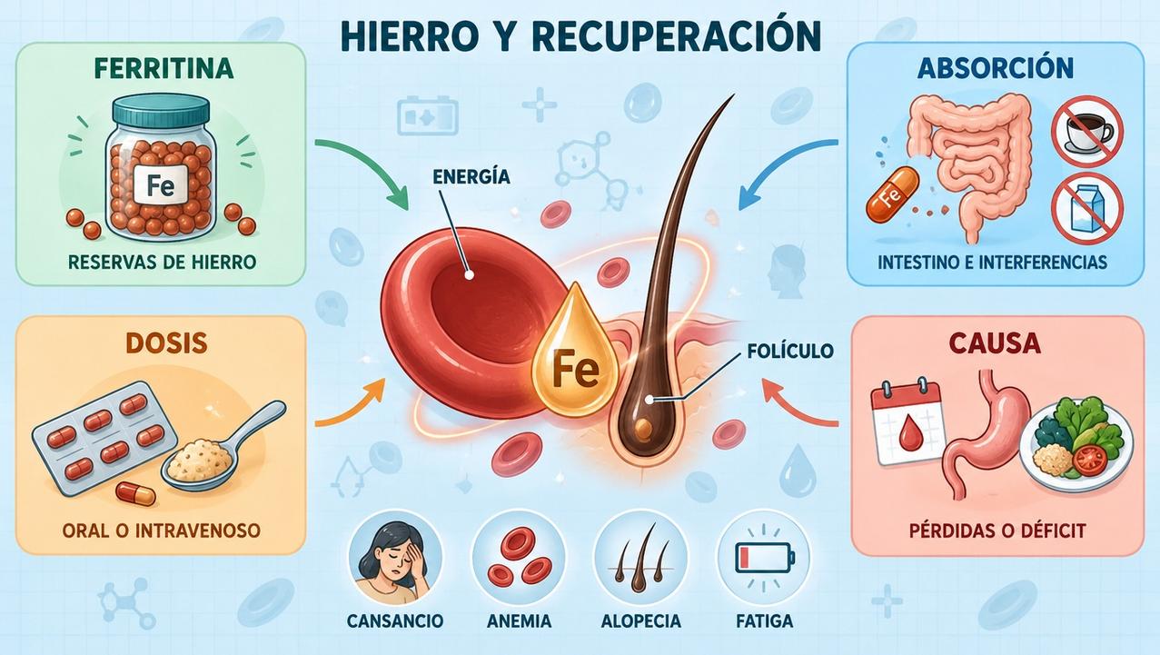 Ferritina, absorción, dosis y causa del déficit marcan la recuperación.