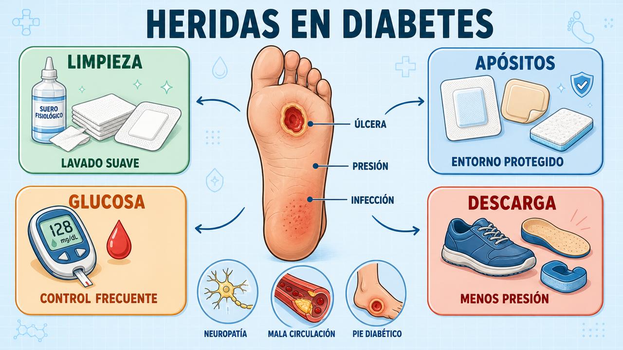 Limpieza, apósitos, glucosa y descarga favorecen la cicatrización en diabetes.