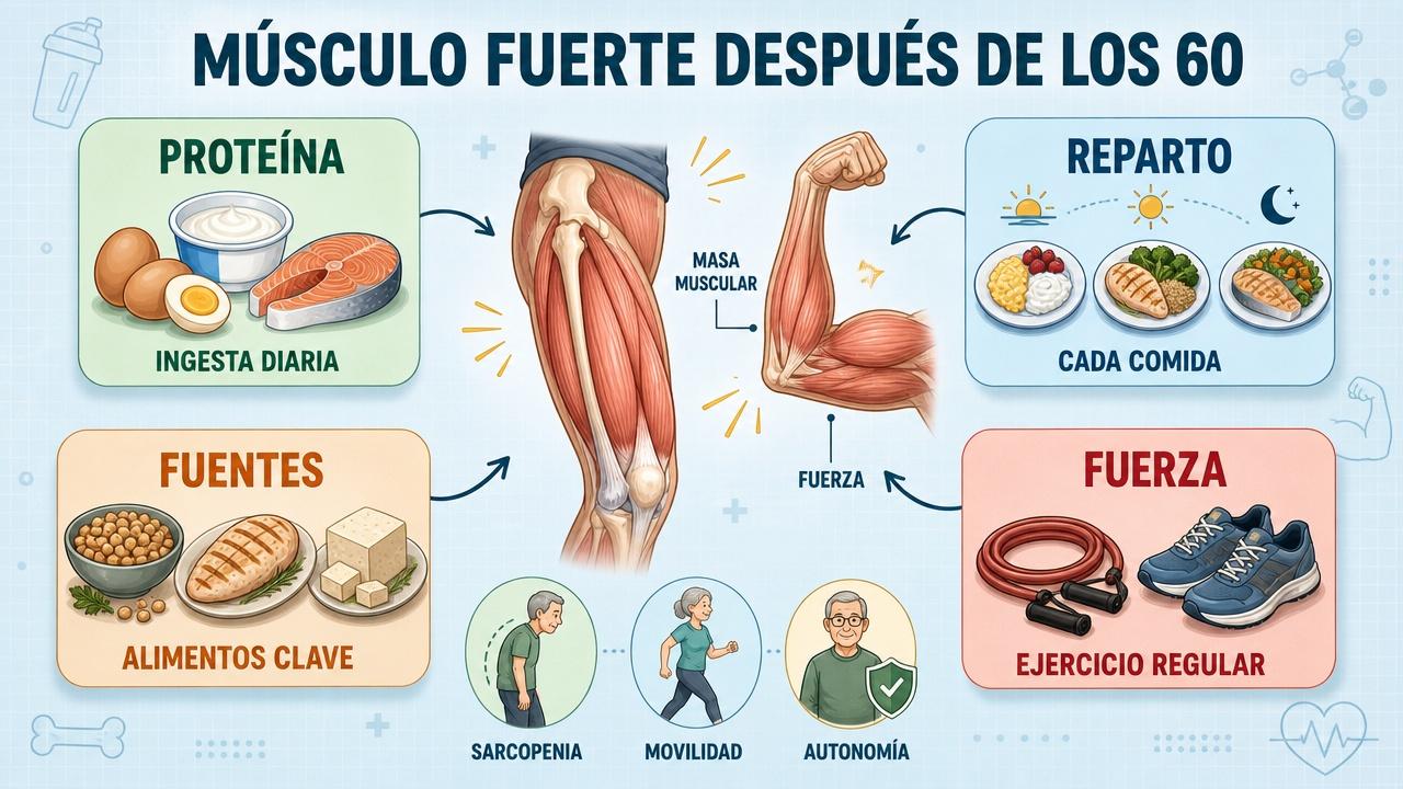 Proteína, reparto, fuentes y fuerza sostienen la masa muscular en mayores.
