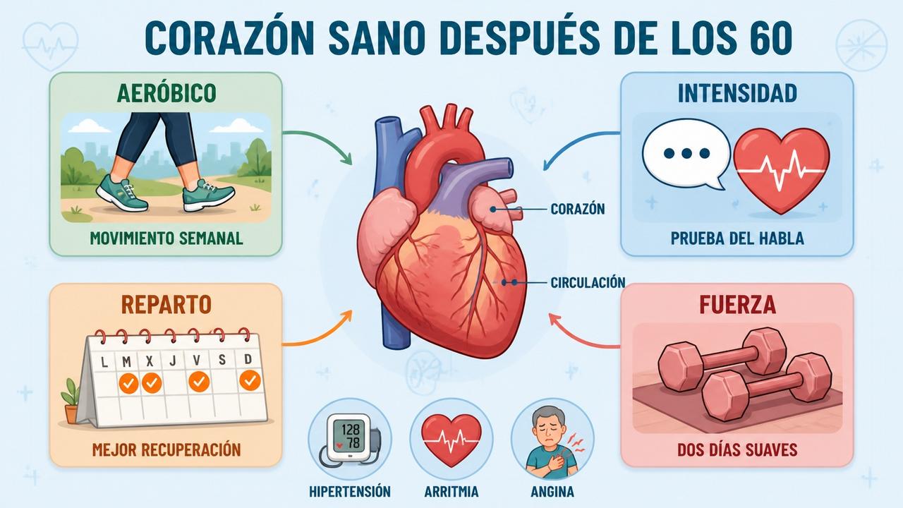 Aeróbico, intensidad, reparto y fuerza suave sostienen la salud cardiovascular.