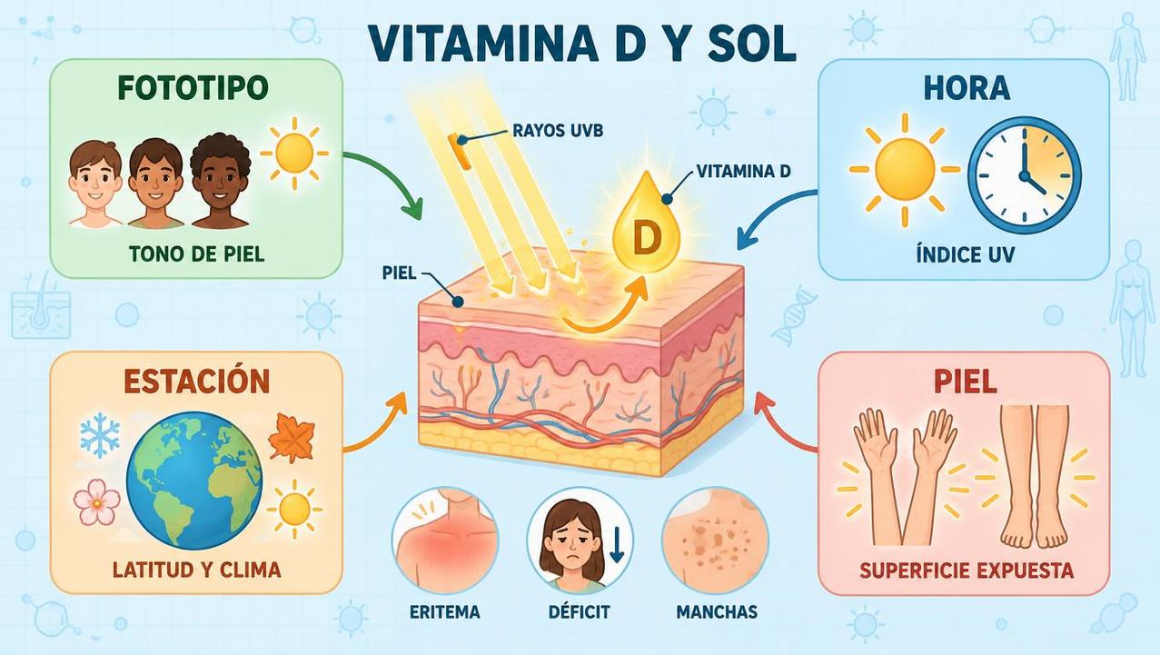 Fototipo, hora, estación y piel expuesta condicionan la síntesis de vitamina D.