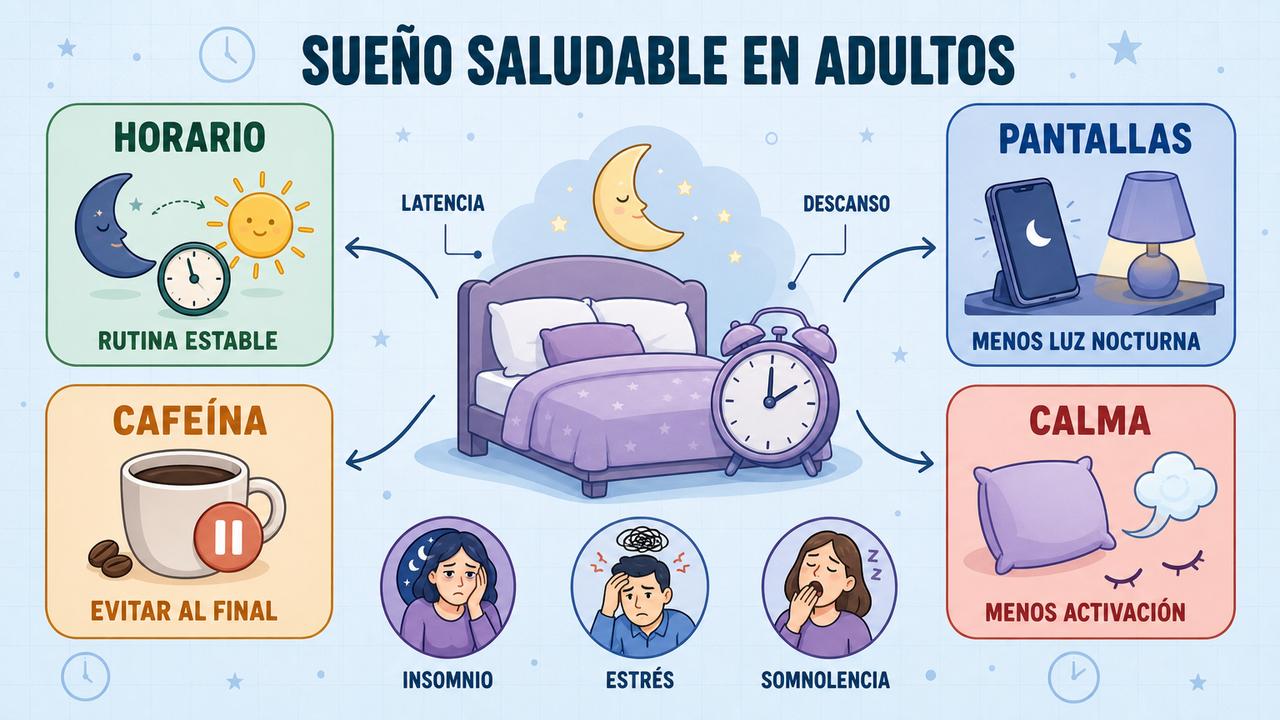 Horario, pantallas, cafeína y calma influyen en la latencia del sueño.