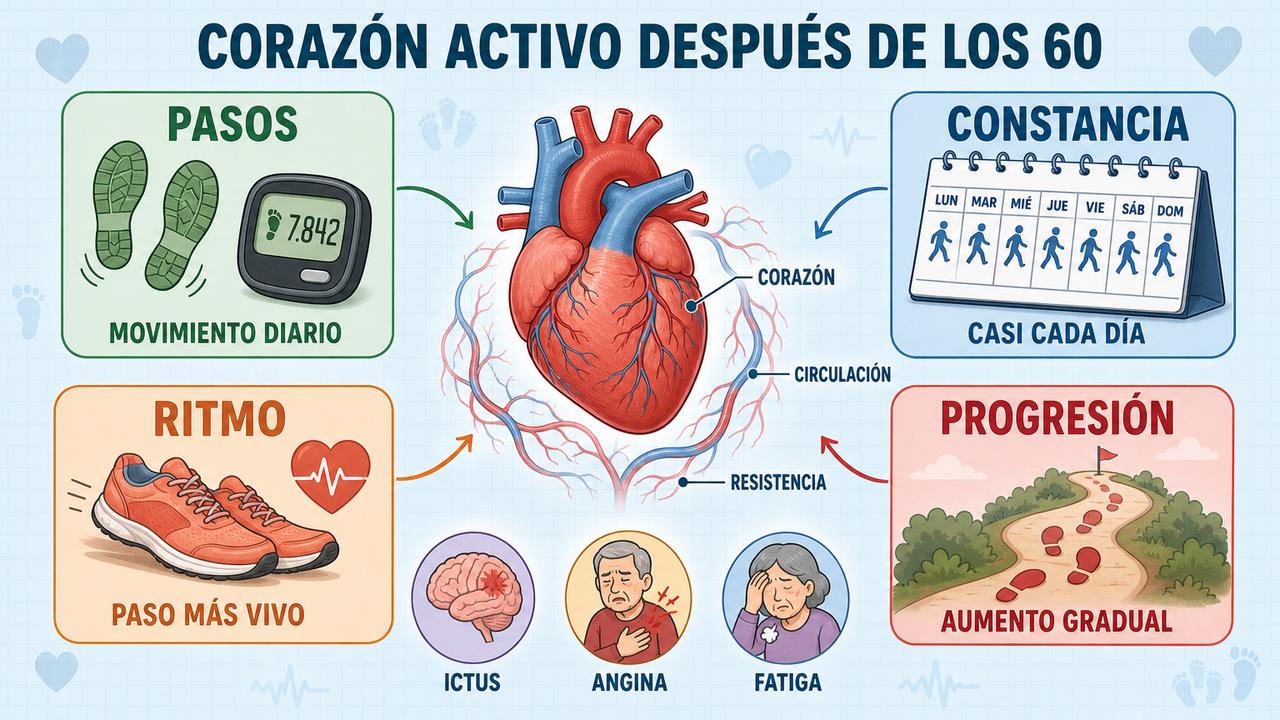 Pasos, constancia, ritmo y progresión sostienen la salud cardiovascular en mayores.