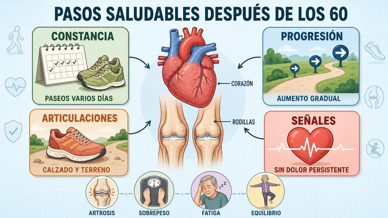 Constancia, progresión, cuidado articular y señales corporales guían los pasos diarios.
