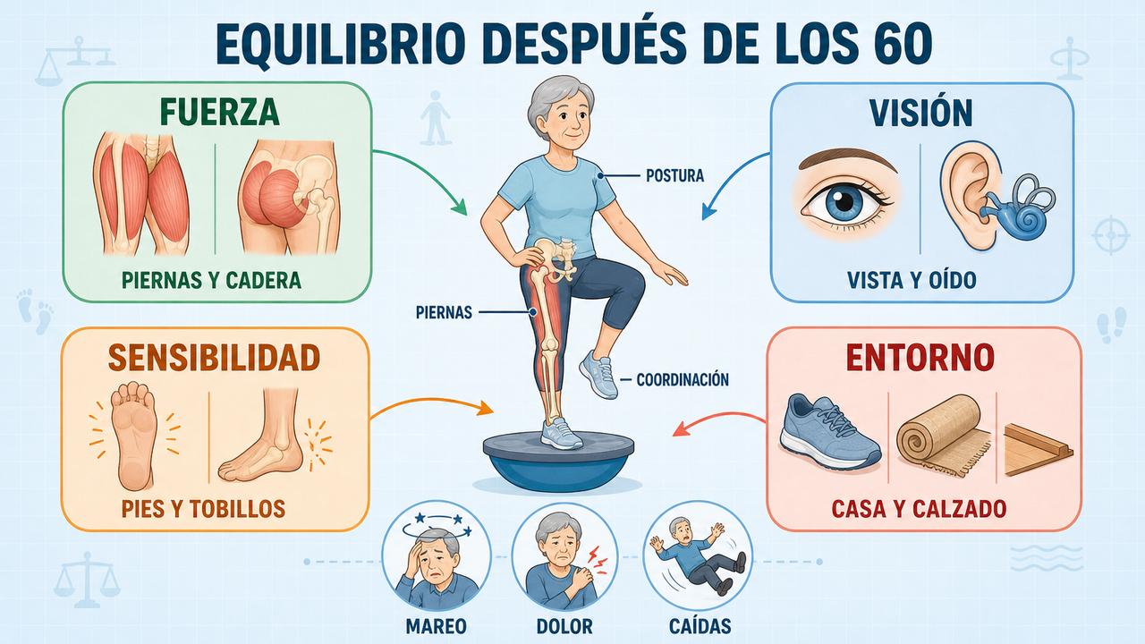 Fuerza, visión, sensibilidad y entorno influyen en el equilibrio y las caídas.