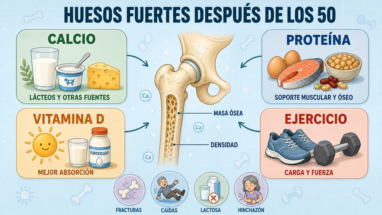 Calcio, proteína, vitamina D y ejercicio sostienen la salud ósea tras los 50.