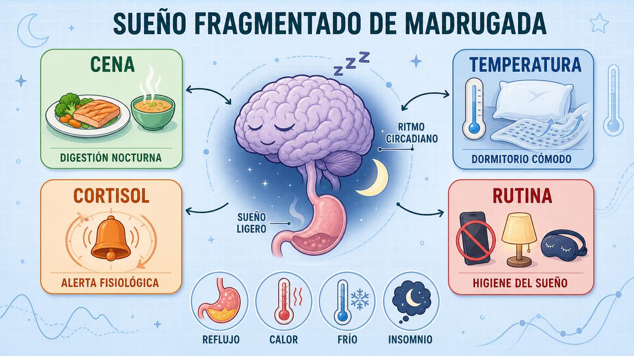 Cena, temperatura, cortisol y rutina explican muchos despertares de madrugada.