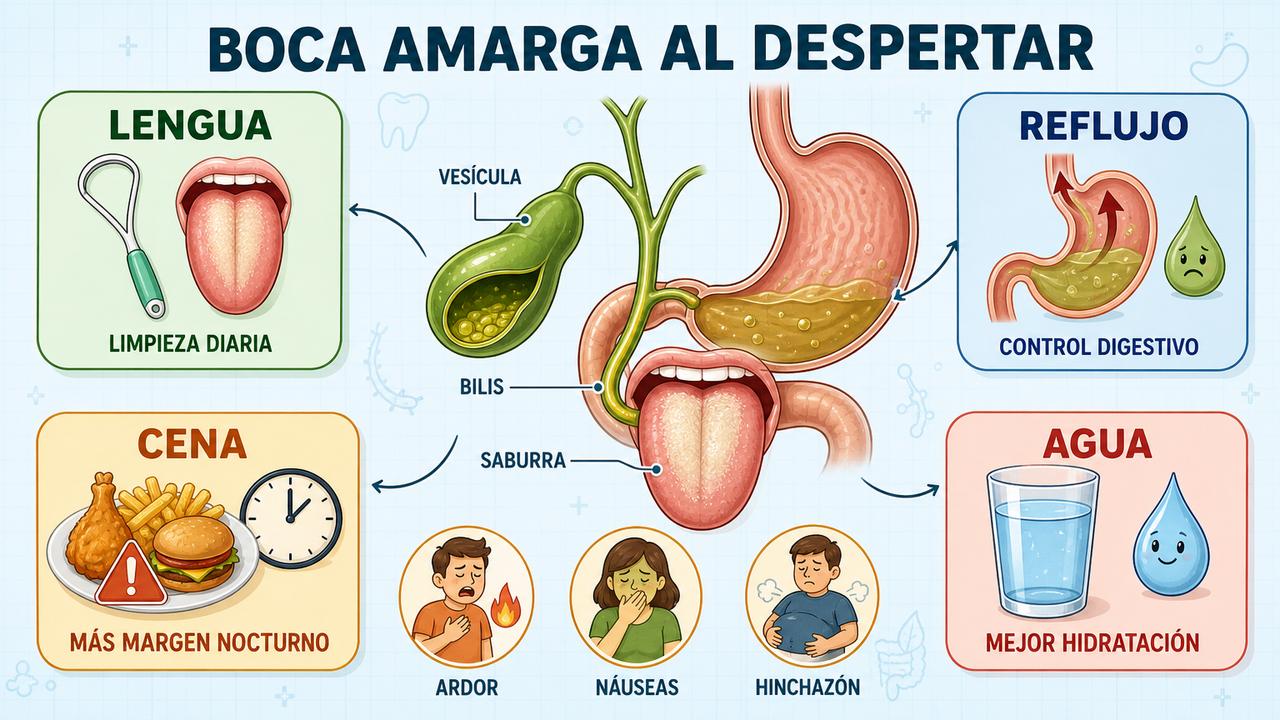 Higiene lingual, reflujo, cena e hidratación influyen en la boca amarga.