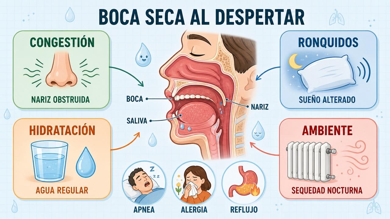 Congestión, ronquidos, hidratación y ambiente seco influyen en la boca seca.