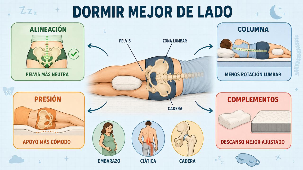 Alineación, menos rotación, mejor apoyo y complementos para descansar con menos dolor.