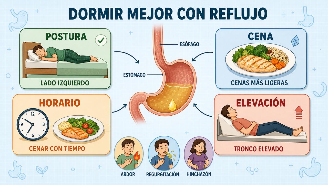 Postura, cena, horario y elevación ayudan a reducir el reflujo nocturno.